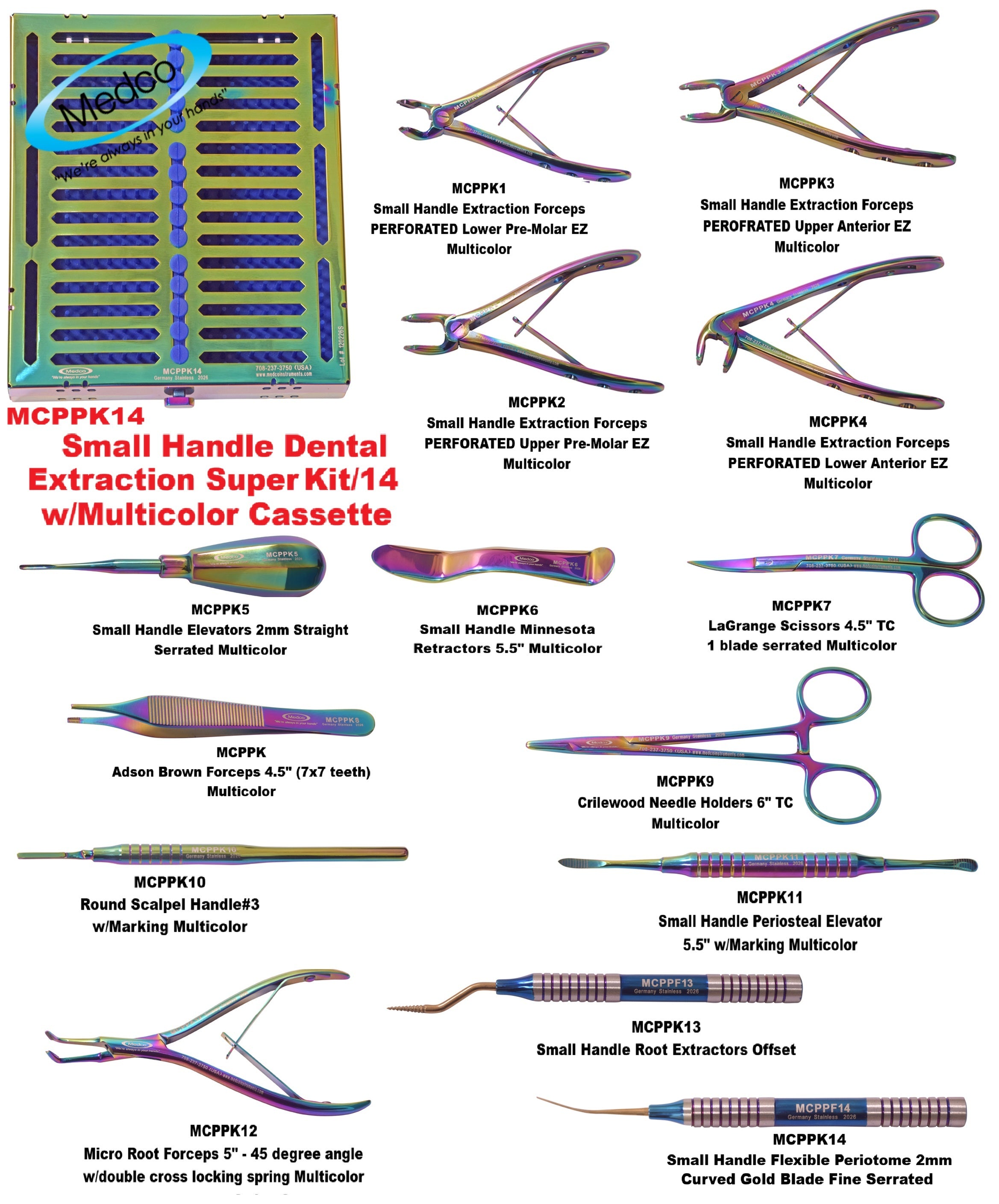 Stubby Handle Multicolor Dental Super Extraction Kit / 14